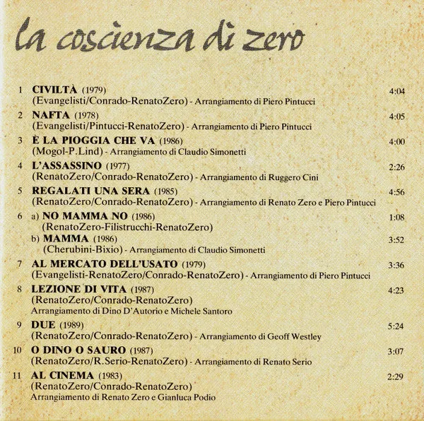 Renato Zero La Coscienza Di Zero CD album 19 brani