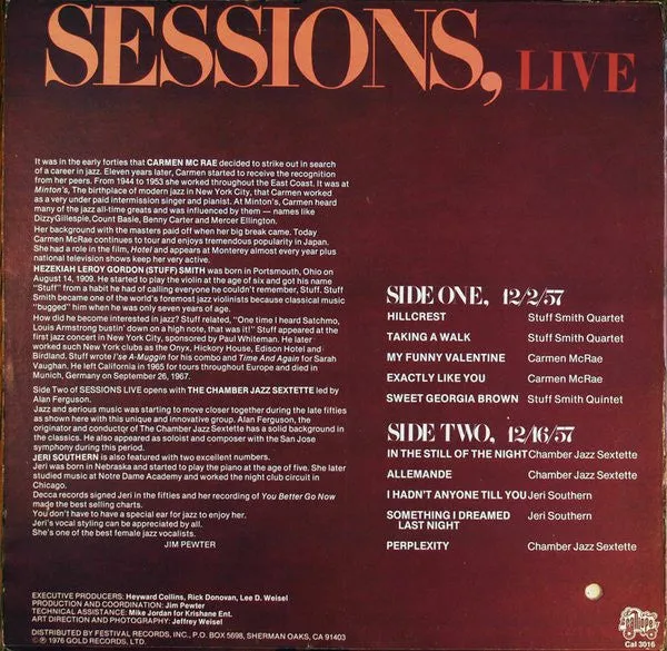 Carmen McRae Sessions Live Vinile LP 1976 jazz