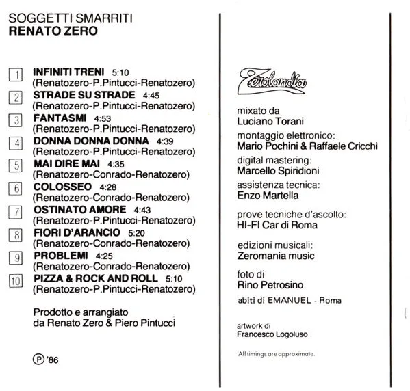 Renato Zero Soggetti Smarriti CD Album Zerolandia 1992