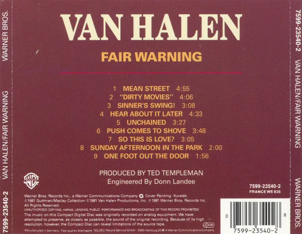 Van Halen Fair Warning CD album ristampa NM