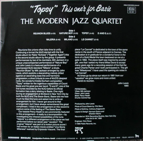 Modern Jazz Quartet Topsy This One's For Basie vinile LP