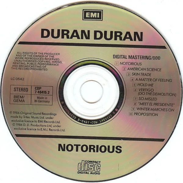 Duran Duran Notorious CD album pressaggio tedesco 1986 near mint