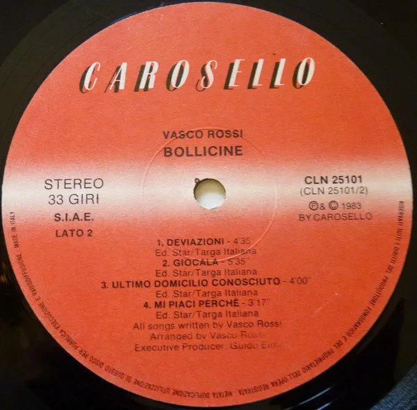 Vasco Rossi Bollicine vinile LP pop rock 1983