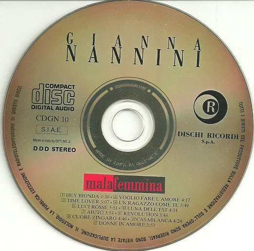 Gianna Nannini Malafemmina CD album VG italodance