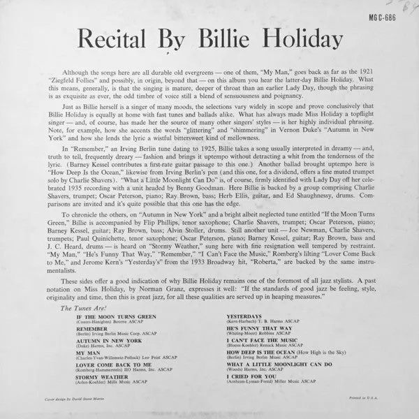 Billie Holiday Recital By Billie Holiday LP mono