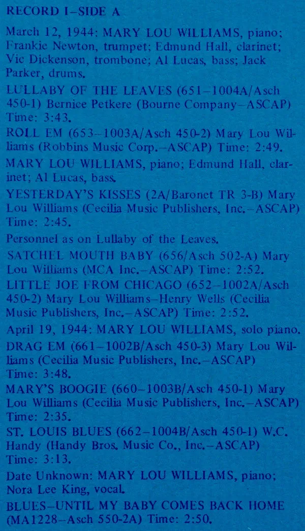 Mary Lou Williams Asch Recordings 2LP box jazz