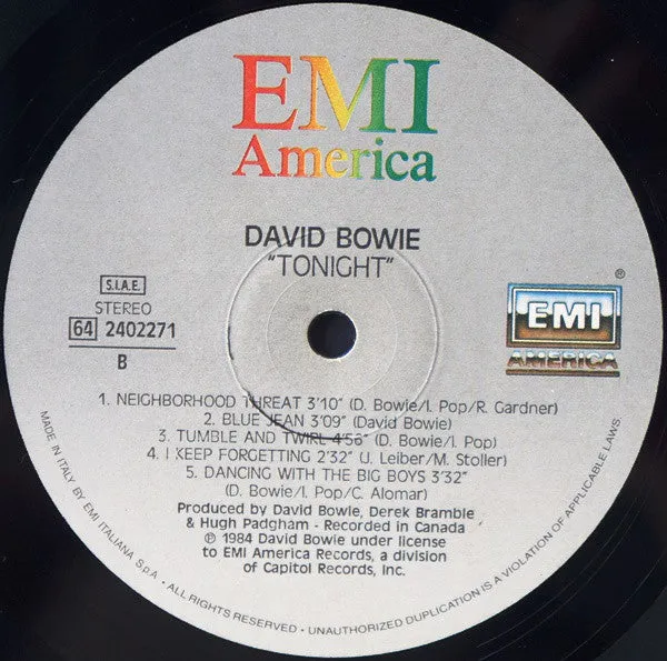 David Bowie Tonight LP vinile 1984 italiano NM