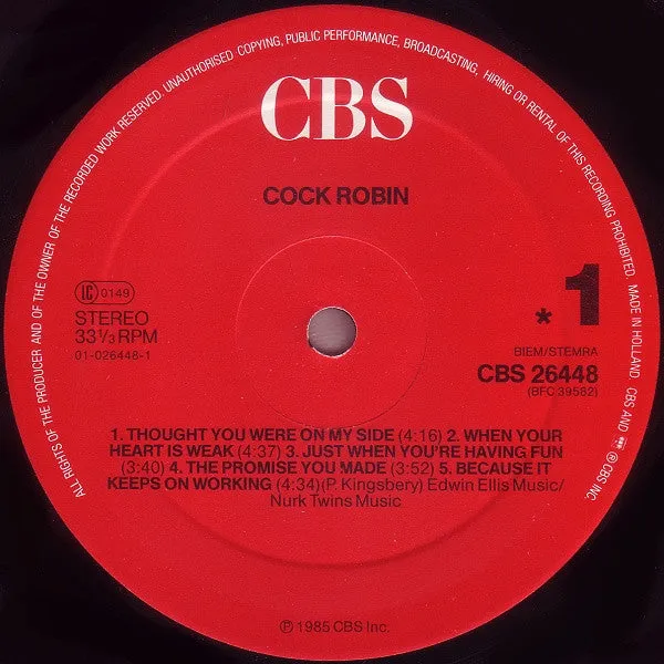 Cock Robin Cock Robin LP vinile Europa 1985 synth-pop