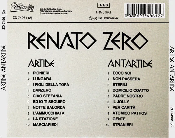 Renato Zero Artide Antartide doppio CD riedizione 1991 VG+