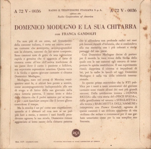 Domenico Modugno Sua Chitarra 7" EP Vinile Mono 1953 VG+